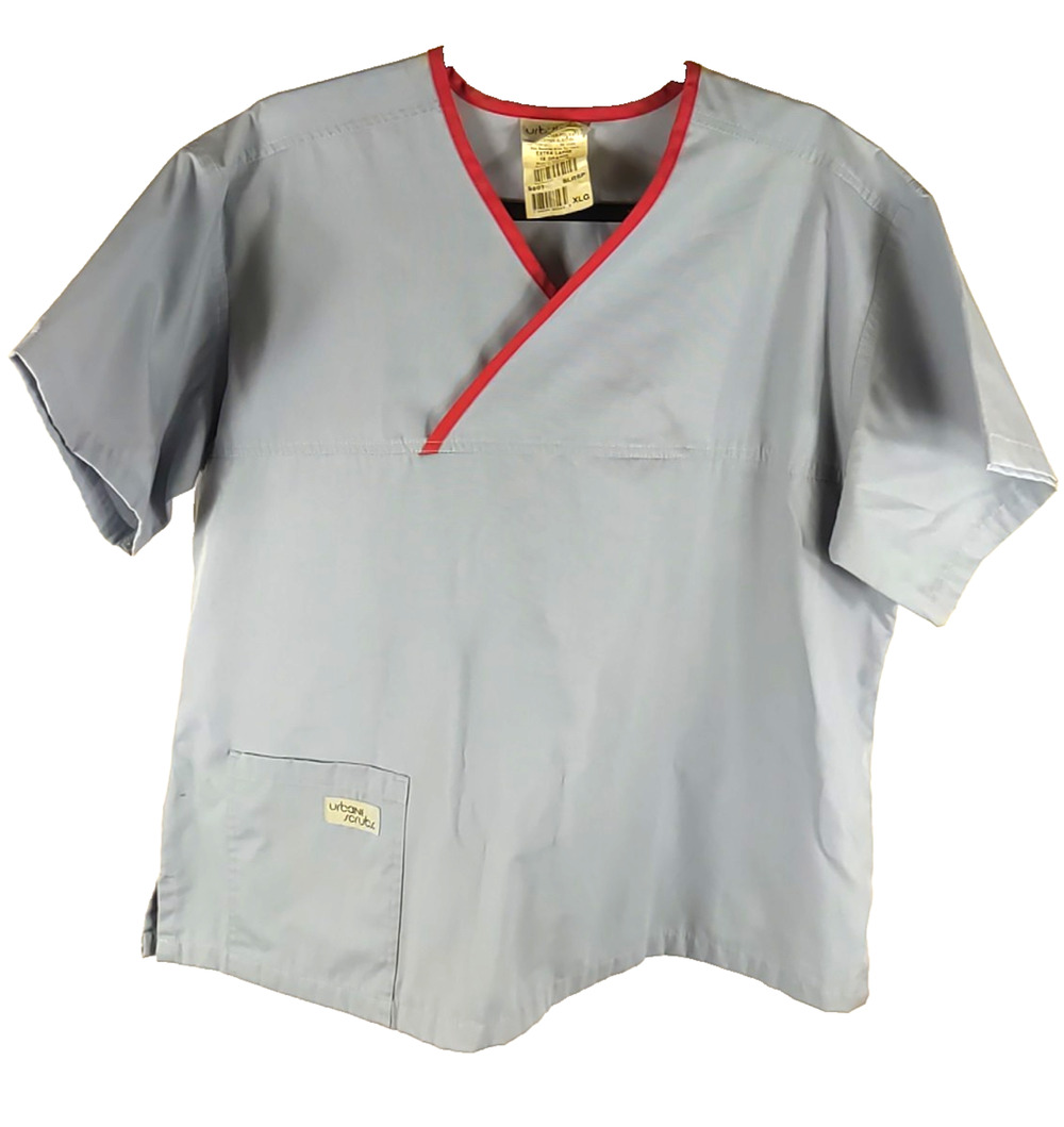 Urbane Scrubs Women's Scrub Top Size X Large Gray Pink Piping Cotton Blend